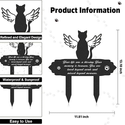 Rngmsi Cat Memorial Decorations - Garden Stakes Markers with Angel Wings, Waterproof Metal Plaques for Cemetery, Cat Grave Decor