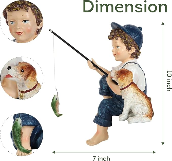 Lily's Home 10-Inch Fishing Boy and Dog Statue - Resin Garden Decor for Outside - Outdoor and Garden Decorations - Cottage Style Garden Statues Yard Art