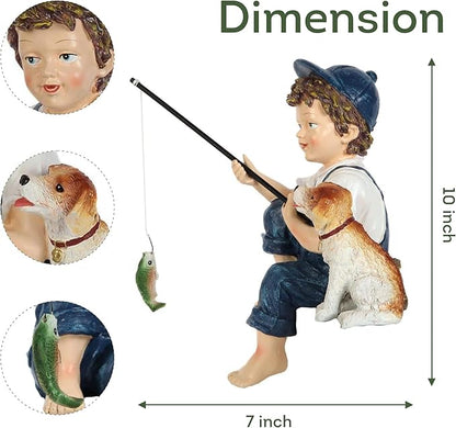 Lily's Home 10-Inch Fishing Boy and Dog Statue - Resin Garden Decor for Outside - Outdoor and Garden Decorations - Cottage Style Garden Statues Yard Art