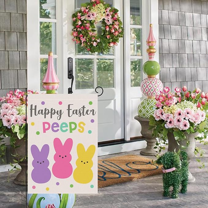 Welcome Easter Garden Flag 12x18 Inch Vertical Double Sided Happy Easter Peeps Small Burlap Flag Holiday Yard Home Outdoor Decoration