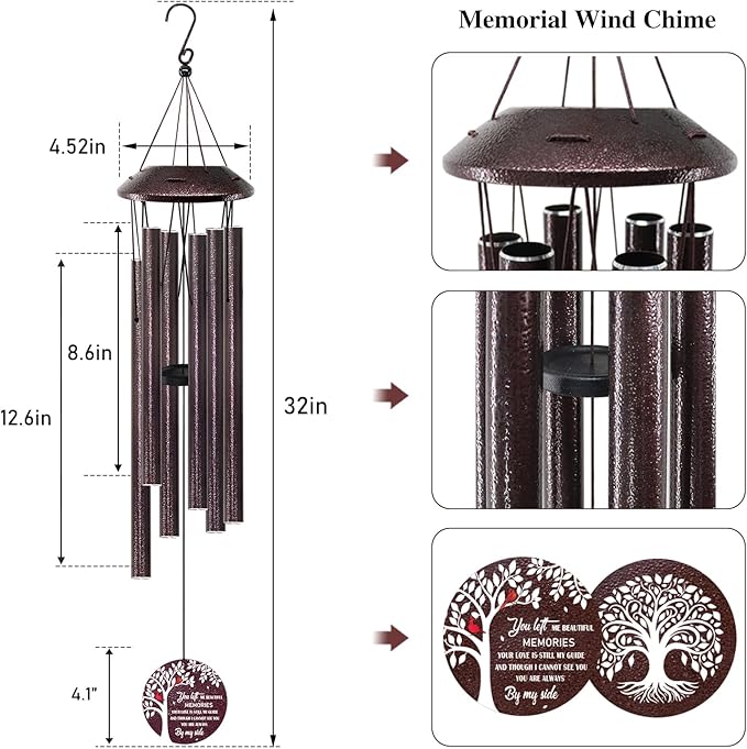 Memorial Gifts for Loss of Mom/Dad - 32" Cardinal Sympathy Wind Chimes with Tree of Life - Bereavement Remembrance Condolence Gifts for Loss of Loved One -Memorial Chimes for Outside Garden