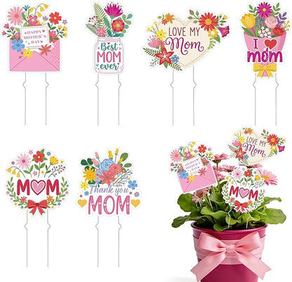 Rngmsi Mothers Day Plant Stakes Flower Pots Signs, 6PCS Happy Mother's Day Metal Garden Stakes Decorative Outdoor, Thank You Mom Yard Decor for Home Lawn Party Supplies