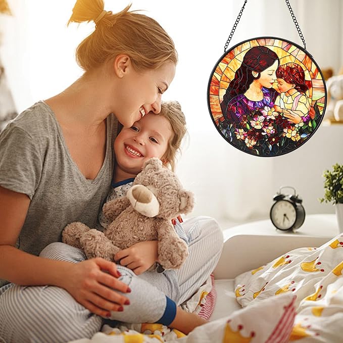 Mom Stained Glass Window Hanging Suncatcher 7.8 Inch Sun Catcher Colorful Glass Panel Gift for Mom Sun Catcher Wall Art Home Decoration for Birthday Garden Window Home