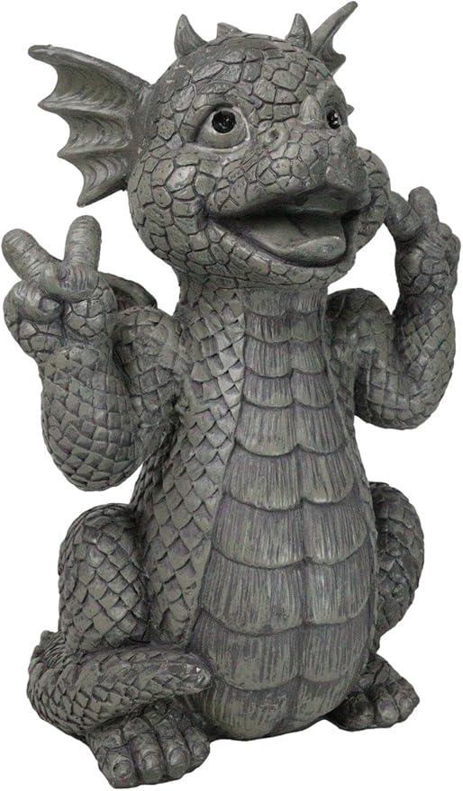 Ebros Whimsical Garden Dragon with Hippie Peace Sign Gesture Statue 10.5" Tall Cute Baby Dragonling Smiling Wide Faux Stone Resin Finish Figurine Home Decor Sculpture
