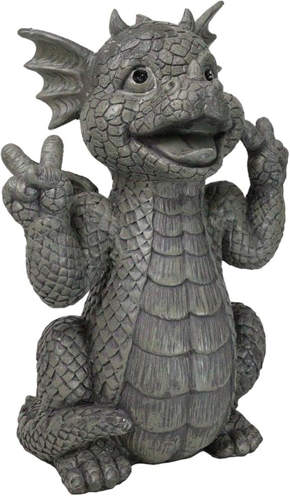 Ebros Whimsical Garden Dragon with Hippie Peace Sign Gesture Statue 10.5" Tall Cute Baby Dragonling Smiling Wide Faux Stone Resin Finish Figurine Home Decor Sculpture