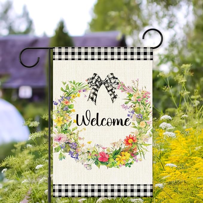 Welcome Spring Garden Flag for Outside,Floral Wreath Spring Garden Flag Yard Lawn Porch Flags for Outdoor Decorations 12x18 Inch Double Sided