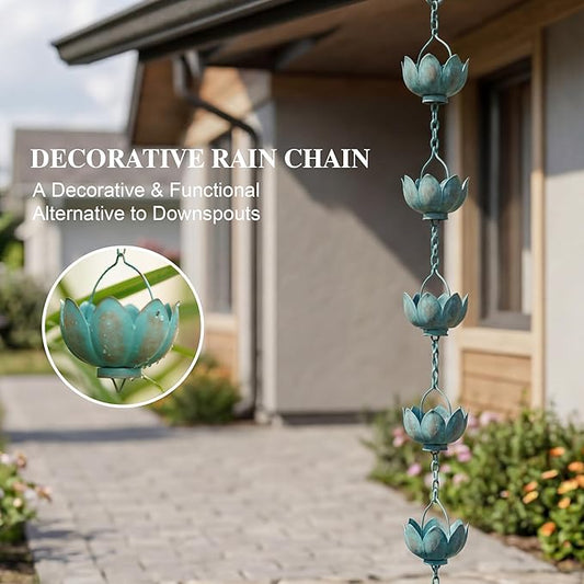 Topadorn Metal Rain Chain Decoration 8.5FT., Rain Catcher Metal Chain Gutter Downspout 104'' for House Eaves, Garden & Home, Flower Cups Garden Decoration,Lake Blue