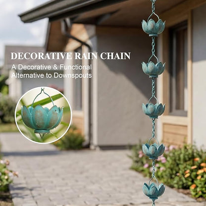 DUSVALLY Rain Chains, 8.5 FT Blue Lotus Shaped Rain Chain for Gutter Downspouts Eave Outdoor Garden