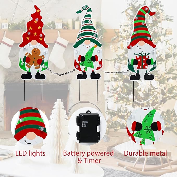 Afirst Christmas Yard Stakes Metal Christmas Decorations Outdoor Yard Gnomes Holding Gingerbread Tree Gift Lighted Metal Stakes Outdoor Xmas Stake Lawn Pathway Decoration