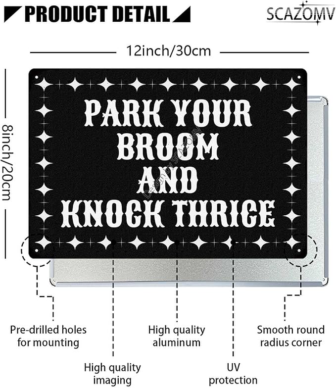 Park Your Broom And Knock Thrice Halloween Metal Tin Signs Vintage Decor Halloween Party Retro Decorations for Home Bar Cafe Porch Patio Yard Outdoor Decorative 12x8 Inch (Retro Black)