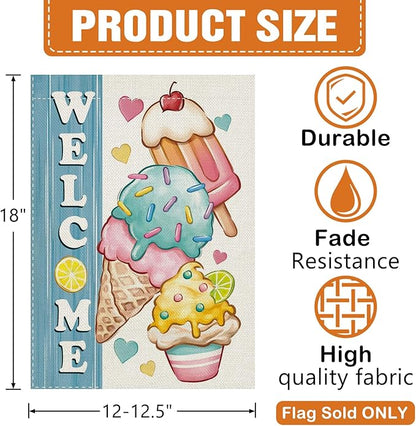 Dyrenson Welcome Summer Ice Cream Decorative Garden Flag, Sweet Popsicle Love Hearts Yard Outside Home Decoration, Farmhouse Burlap Outdoor Small Decor Double Sided 12 x 18