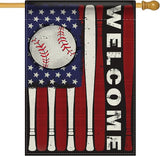 Welcome 4th of July Baseball Patriotic Decorative House Flag, America USA Red White Bat Garden Yard Outside Decoration, American Stars Burlap Outdoor Large Home Decor Double Sided 28 x 40