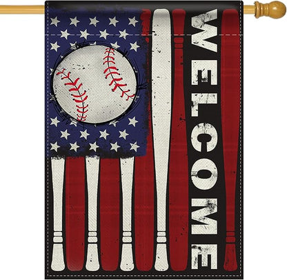 Welcome 4th of July Baseball Patriotic Decorative House Flag, America USA Red White Bat Garden Yard Outside Decoration, American Stars Burlap Outdoor Large Home Decor Double Sided 28 x 40