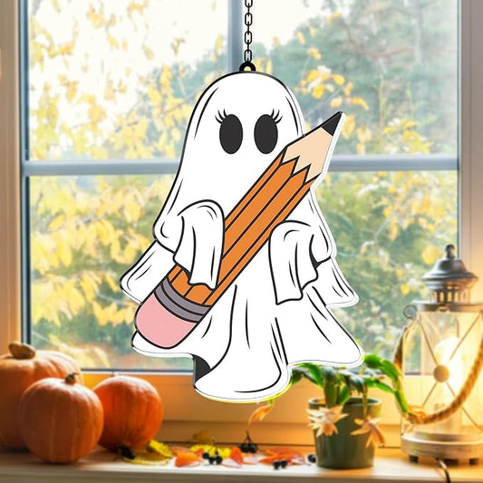 7.87Inch Cute Pencil Ghost Sun Catcher Acrylic Garden Halloween Suncatcher Decor Window Hanging for Wall Home, Garden, Housewarming Women Neighbor Party Decor Gifts