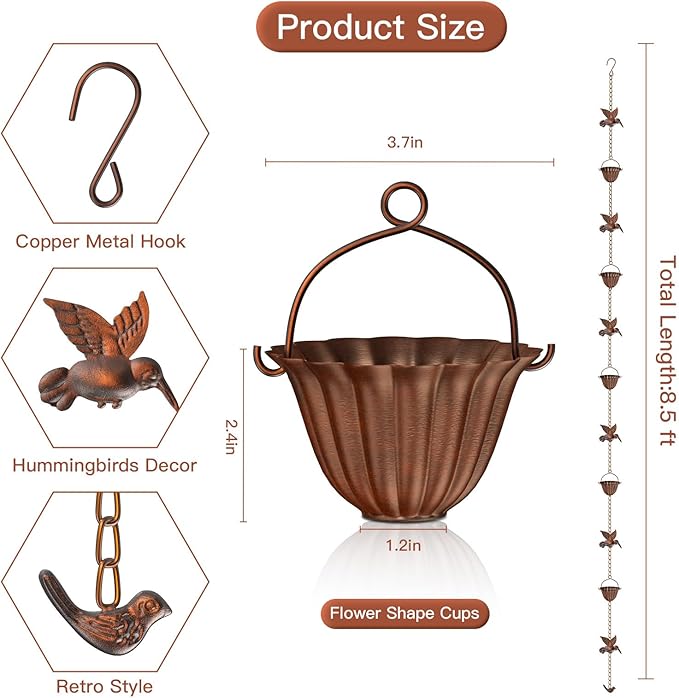 Solid Rain Chain for Gutters – 8.5ft Cast Iron Rain Catcher Chain, Decorative Rain Chimes Outside with 12 Cups & Hummingbird Decor