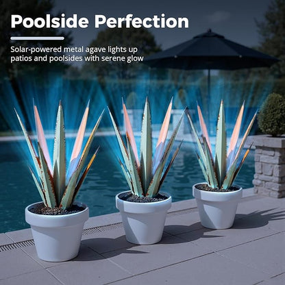 KODIBO 24” Large Solar Metal Agave Plants Outdoor Decor, Tequila Rustic Sculpture Outdoor Statues, Garden Sculpture for Patio Path Courtyard and Lawn (Vintage Blue-Solar Light)