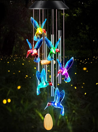 DesGully Wind Chimes,Hummingbird Solar Wind Chimes for Outside Color Changing,4 Aluminum Tubes Wind Bell for Garden/Patio Decor Thanksgiving Gifts for Mom, Wife, Grandma Neighbors(25 Inch Deep Tone)