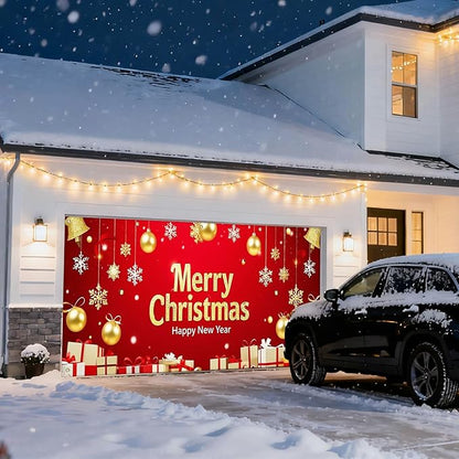 IVN Christmas Garage Door Cover Decoration 13x6ft Red and Gold Ornaments Snowflakes and Gift Boxes Merry Christmas Winter Garage Door Banner Home Door Front Yard Decor for Xmas Eve Holiday Outdoor