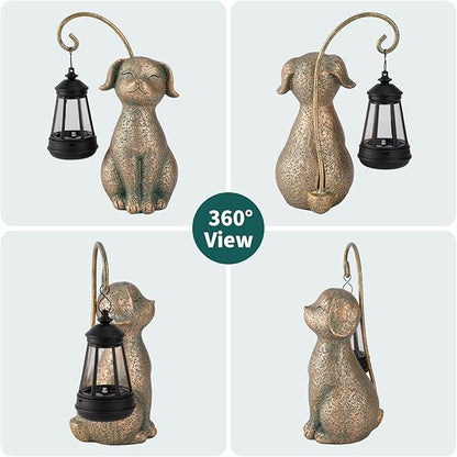 Solar Garden Decor Dog Statues with Lantern,Waterproof Resin Solar Outdoor Statue Decoration for Yard, Lawn, Flower Bed, Backyard, Front Yard, Patio, Balcony – Gift for Dog Lovers
