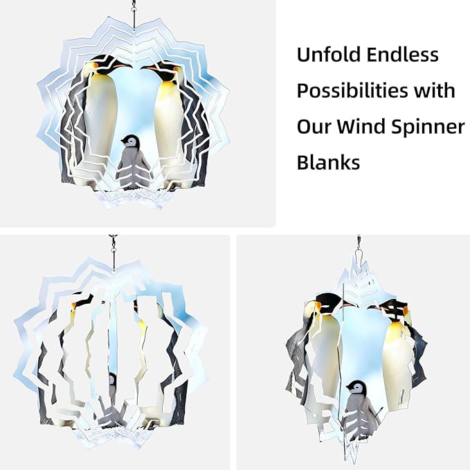 8 Inch Sublimation Wind Spinner, 3D Aluminum Metal Wind Spinner with Hook, Indoor Yard Garden Hanging Decoration, Weather Resistant Rotating Spiral Ornament, Penguin Family