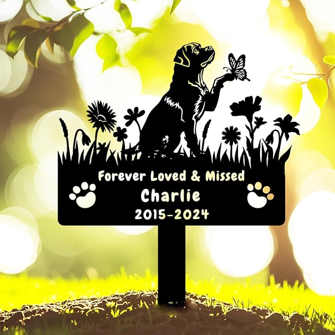 Custom Rottweiler Dog Memorial Grave Marker,Personalized Metal Flora Dog Memorial Stake,Dog Memorial Plaque Burial Stake Engraved Sign,Sympathy Grave Stake for Lost Dog,Dog Headstone