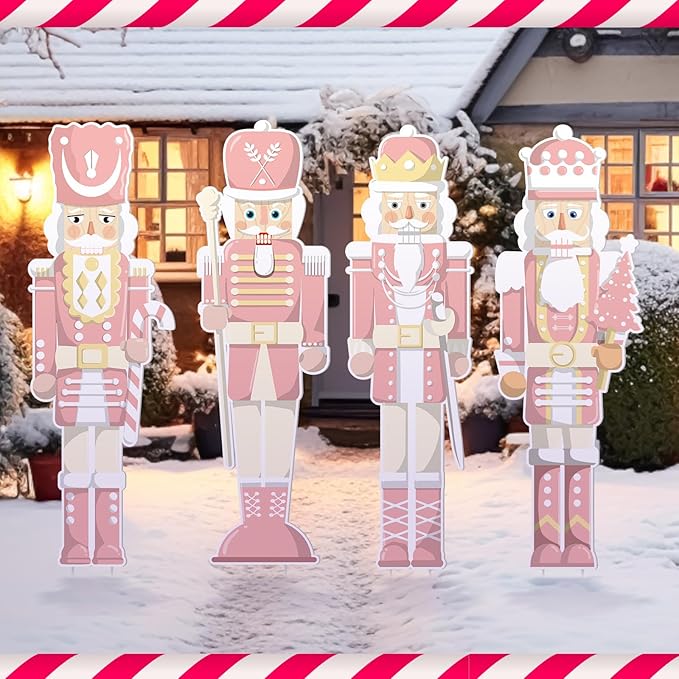 Geetery 4 Pcs Large Nutcracker Yard Sign with 16 Stakes 32 Inch Christmas Yard Decorations Outdoor Holiday Nutcracker Xmas Outside Lawn Decor for Garden Pathway Party(Pink,Cute)