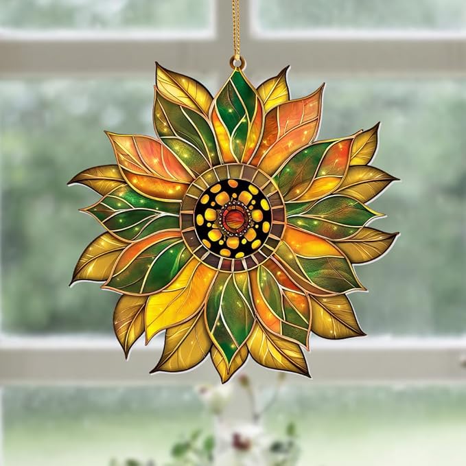 Stained Glass Acrylic Sunflower Ornament – Colorful Glass Sun Catcher for Windows, Christmas Tree Decoration 2025, Hanging Holiday & Everyday Décor Gift(Sun-22)