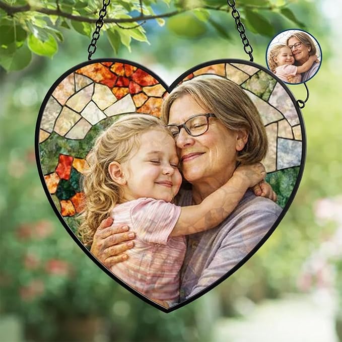 NAZENTI Personalized Grandma Stained Glass Portrait Ornament Gifts for Mother's Birthday, Custom Family Photo Suncatcher Window Hanging Gift for Grandma Grandpa, Family Photo Gift, Holiday Keepsake