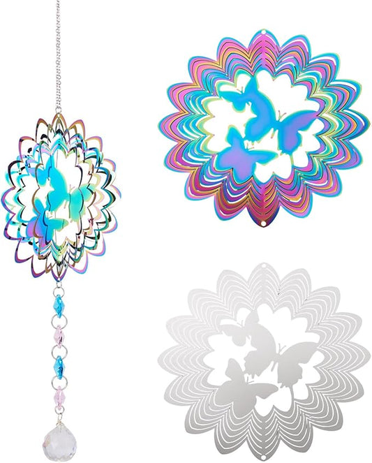 Stainless Steel Reflective Wind Spinners Outsides 3D Twisted Wind Chimes Gradient Butterfly Etched Metal Embellishments for Outdoor Indoor Garden Hanging Decor 2Pcs