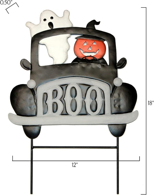 18" Halloween Metal Pumpkin and Ghost on Truck Outdoor Yard Stake