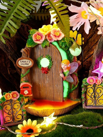 Fairy Garden Decor Fairy Door and Windows for Trees, Glow in The Dark Yard Sculpture Lawn Ornament Mini Garden Art Outdoor Decor Accessories with Lantern (Fairy Opening Door)