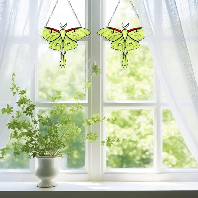 Yalikop 2 Pcs Luna Moth Stained Glass Window Hangings, Green Butterfly Sun Catchers for Windows, Mothers Day Decor Gifts for Mom, Handmade Glass Suncatcher Home Garden Decor, Gift for Decorations