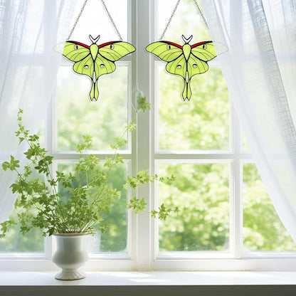 Yalikop 2 Pcs Luna Moth Stained Glass Window Hangings, Green Butterfly Sun Catchers for Windows, Mothers Day Decor Gifts for Mom, Handmade Glass Suncatcher Home Garden Decor, Gift for Decorations