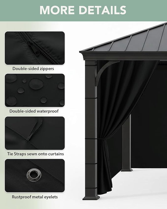 Gazebo Curtains Outdoor Waterproof - 10'Wx10'Lx7'H Weatherproof Patio Pergola Outside Curtains, Gazebo Universal Replacement Privacy Curtains, 4 Panels Sidewall Drapes with Zipper, Black