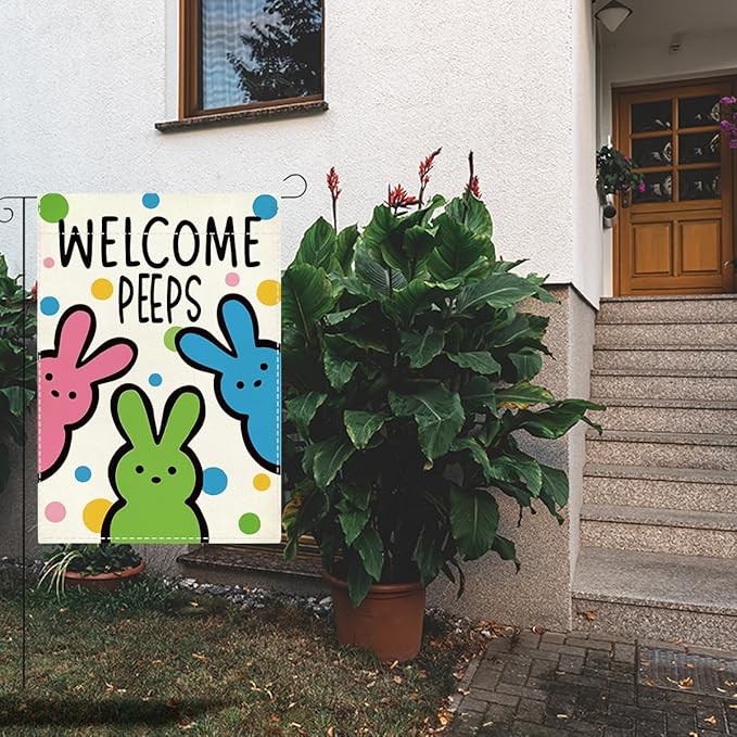 Welcome Peeps Easter Garden Flag Cute Bunny Easter Dot Garden Flag Decor Spring Double Sided House Flag for Outside Yard Decorations 12×18 Inch