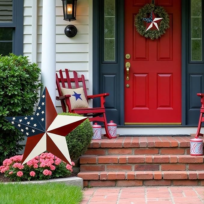 Metal Star Memorial Day Decorations Outdoor Garden Stake, Patriotic US Flag Barn Star Wall Decor, 4th of July Yard Sign American Decor for Front Porch Patio Lawn