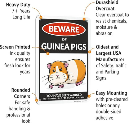 SmartSign Funny Beware Of Guinea Pigs Warning Sign - 10"x7", 40 mil Laminated Rust-free Aluminum - Metal Signs for Wall Decor, Outdoors, Patio, Cafe - Guinea Pigs Theme Gag Gift, Made in USA