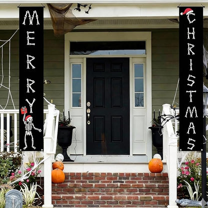 Gothic Christmas Door Banner Gothic Skeleton Christmas Decor for Outdoor, Spooky Skeleton Hanging Merry Xmas Porch Door Sign for Outside Yard Party Decor