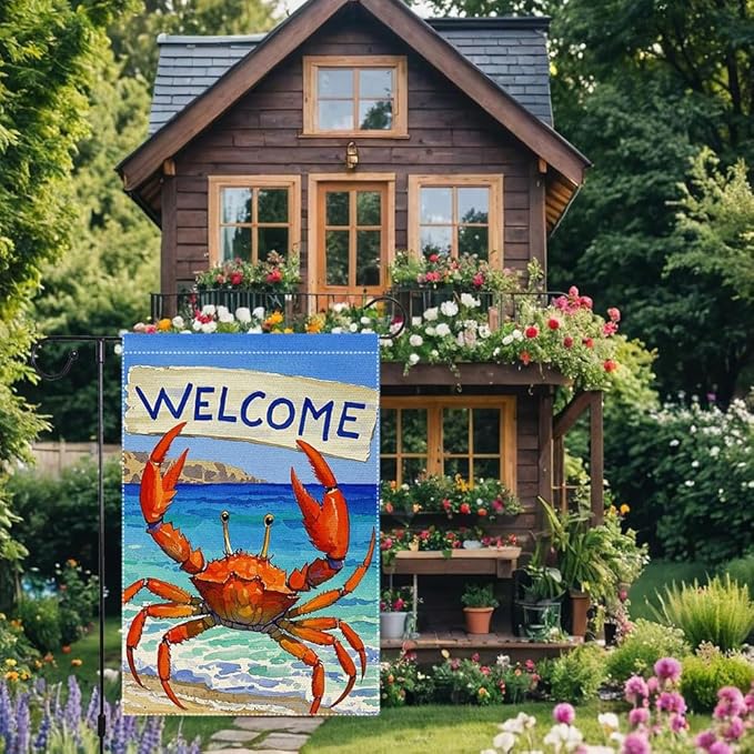 Welcome Crab Garden Flag 12x18 Inch Vertical Double Sided Small Burlap Patio Lawn Holiday Yard Outdoor Decor Outside Decorations