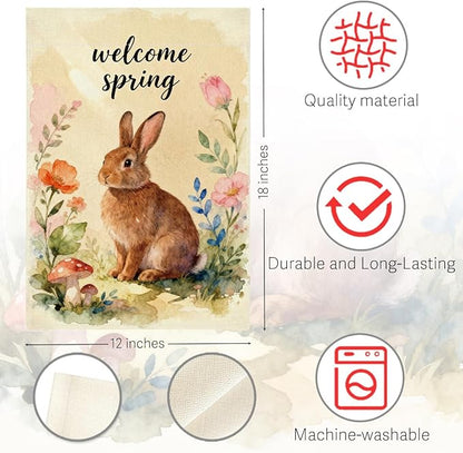Hello Spring Bunny Easter Garden Flag Oil Painting Rabbit Boho Easter Garden Flag Decor Spring Double Sided House Flag for Outside Yard Decorations 12×18 Inch
