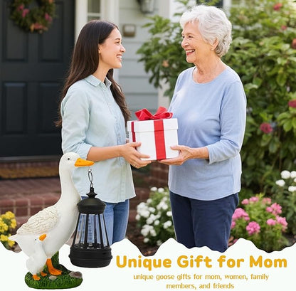 VEEKI Garden Statue Outdoor, Cute Goose Statue Figurine Lights with Solar Lantern Outdoor Waterproof, Resin Outdoor Decor Sculpture for Yard Porch Patio Lawn, Unique Gifts for Mom Grandma Women