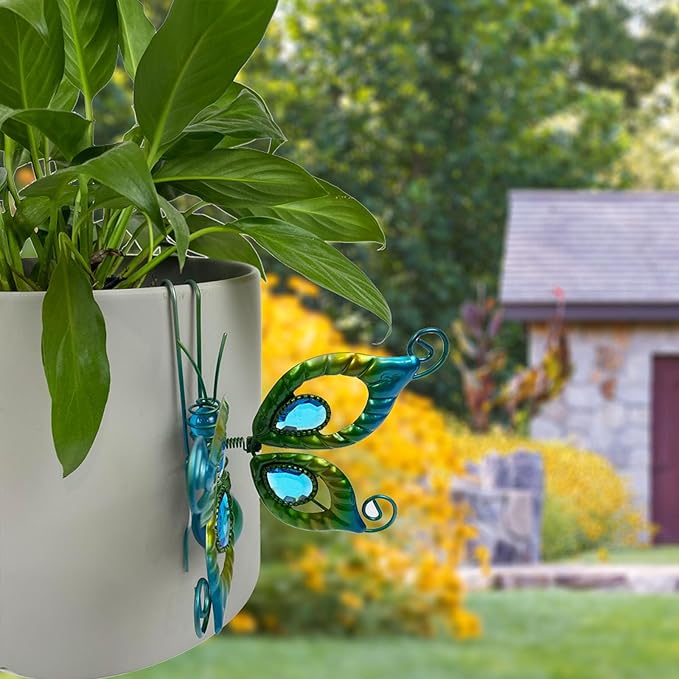 Metal Butterfly Flower Pot Huggers Gorgeous Butterfly Dragonfly Planter Hanging Figurines with Artificial Gemstones in the Wings 6 Inch Iron Insect Garden Art Sculptures Hanger Ornaments (2PCS)