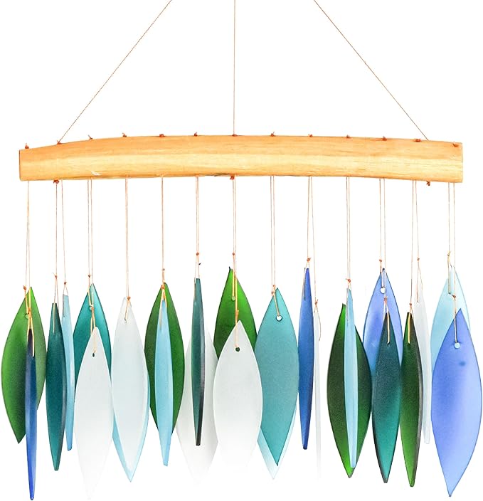 Blue Handworks Ocean Breeze Glass Chime, Sandblasted Glass and Found Wood Handcrafted Wind Chime