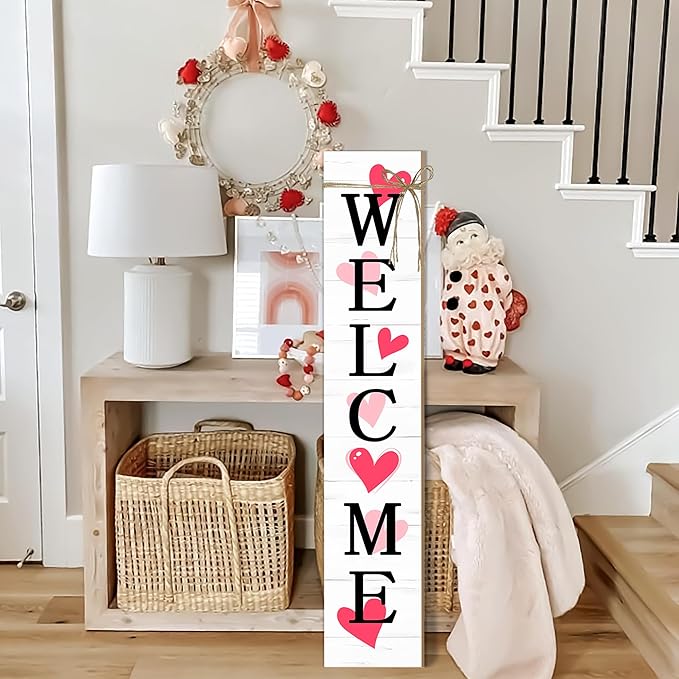 Valentine's Day Wooden Porch Sign 47" Spring Large Welcome Porch Sign for Home Front Door Yard Couple Party Decor (Red)