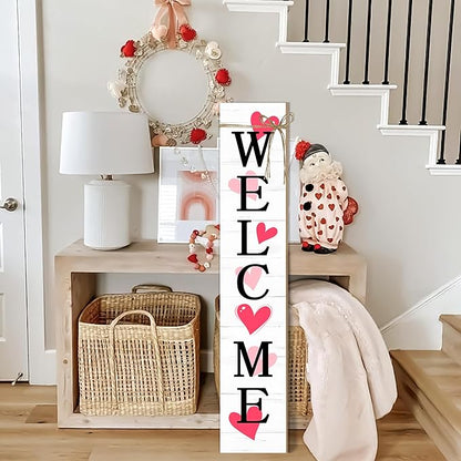 Valentine's Day Wooden Porch Sign 47" Spring Large Welcome Porch Sign for Home Front Door Yard Couple Party Decor (Red)