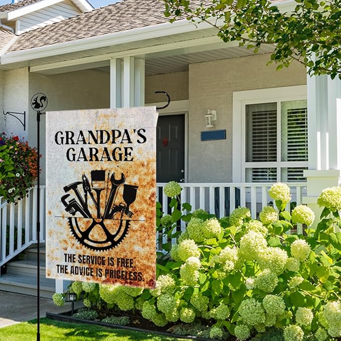 Grandpa's Garage Garden Flag, Double Sided Farmhouse Outdoor Lawn Decor Yard Flags Gifts for Grandpa, Vintage Garage Wall Decor Garage Signs Gifts for Dad Woodworking Cabinet Maker Mechanic
