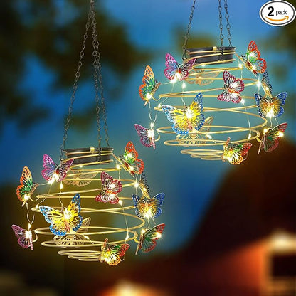 2 Pack Butterfly Solar Lights Outdoor Hanging Lantern with Handle, Solar Powered Butterflies Garden Decor for Outside Patio Yard Porch Pathway Butterfly Gifts for Women (Warm White LED Lights)