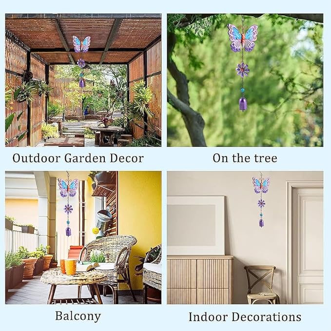 GORGECRAFT Butterfly Wind Chimes Purple Metal Iron Waterproof Animal Butterflies Flower Floral Decoration Glow Wind Catcher Chime with Bell for Indoor Outdoor Home Garden Festival Party