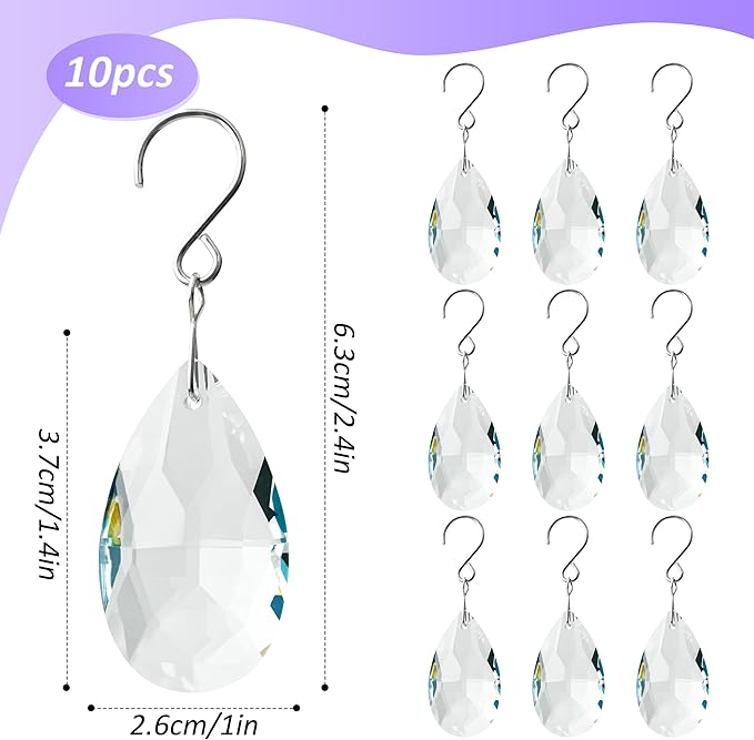 10pcs Crystal Sun Catcher, 38mm Hanging Clear Teardrops Chandelier Crystals Parts Prisms Pendants with Hook for Windows Lamps Christmas Ornaments Crystal Tree Decorations Home Decor (Clear)