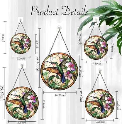 Stained Glass Window Hanging - Green Hummingbirds and Purple Flowers 6.3 Inches Suncatcher for Garden Home Decor for Women Mon Grandma Friends